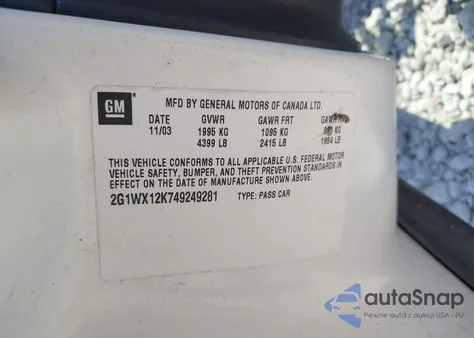 2004 Chevrolet Monte Carlo Ss из США, поврежденный, VIN 2G1WX12K749249281